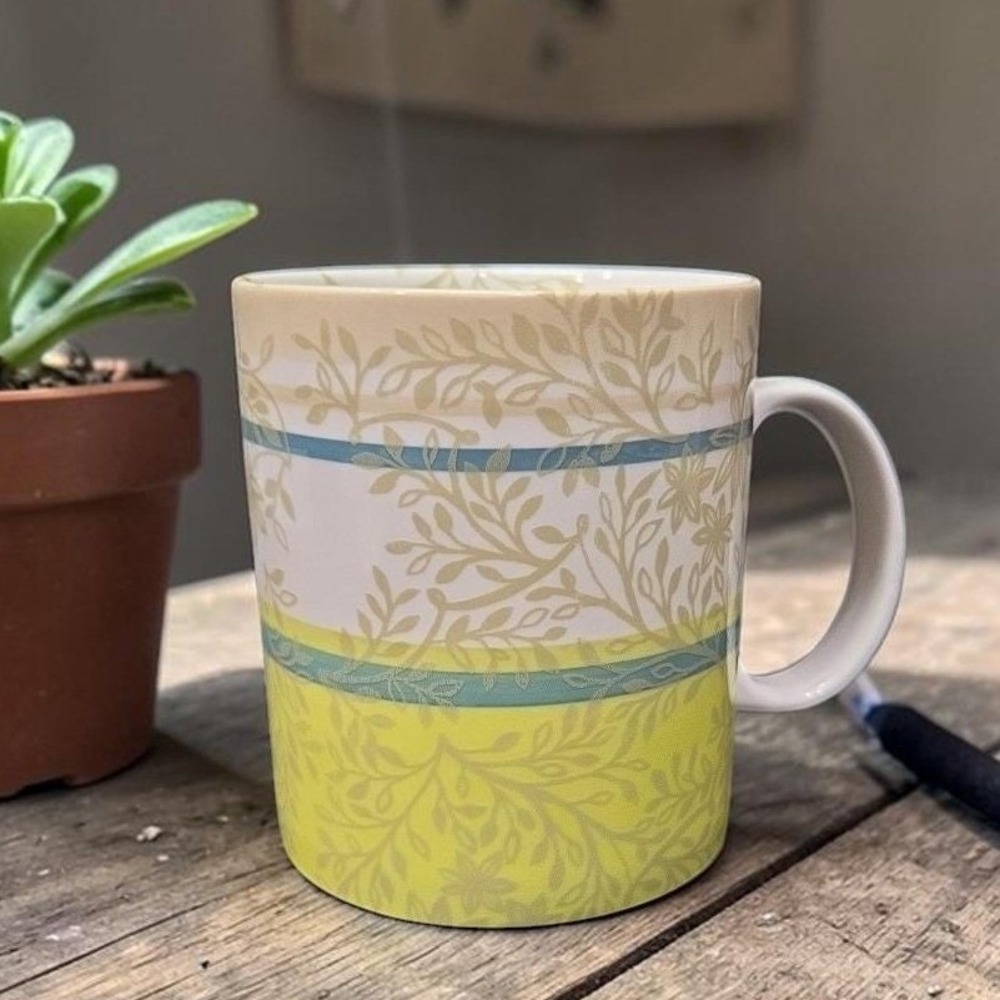 Starbucks Zen Coffee Cup, Vintage Inspired Teal & Green Leaf Design, Drinkware